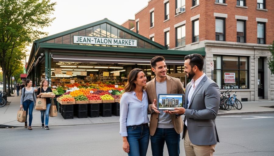 Fresh produce displays at Jean-Talon Market with shoppers browsing