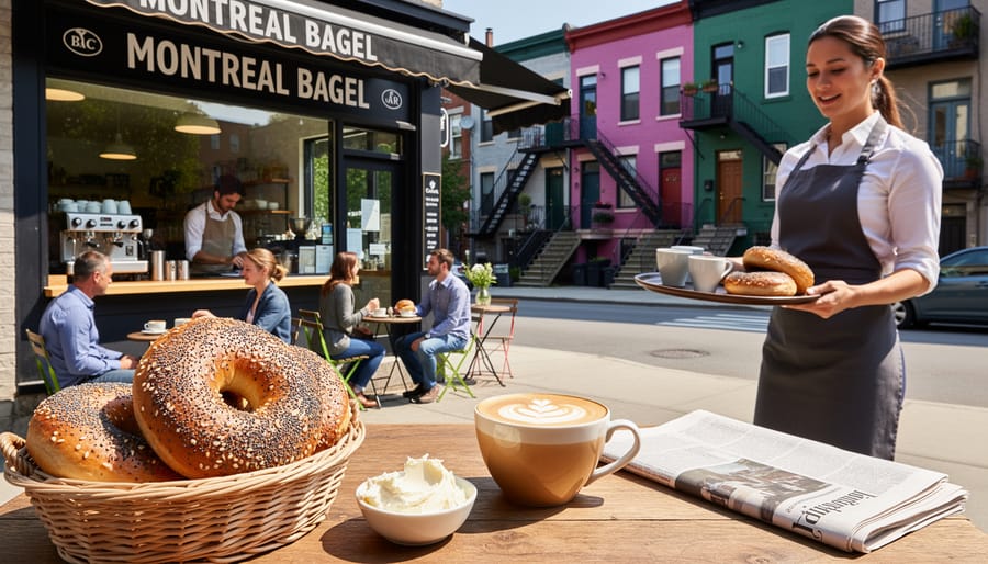 Fresh Montreal-style bagels with coffee in authentic café setting