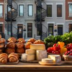 Open-air Montreal market stall with bagels, croissants, cheeses, and produce in golden-hour light, with classic triplex townhouses and exterior spiral staircases softly blurred in the background; eye-level editorial photo without visible signage.