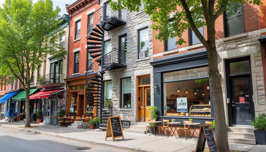 Traditional Montreal triplex building with external staircases on tree-lined street