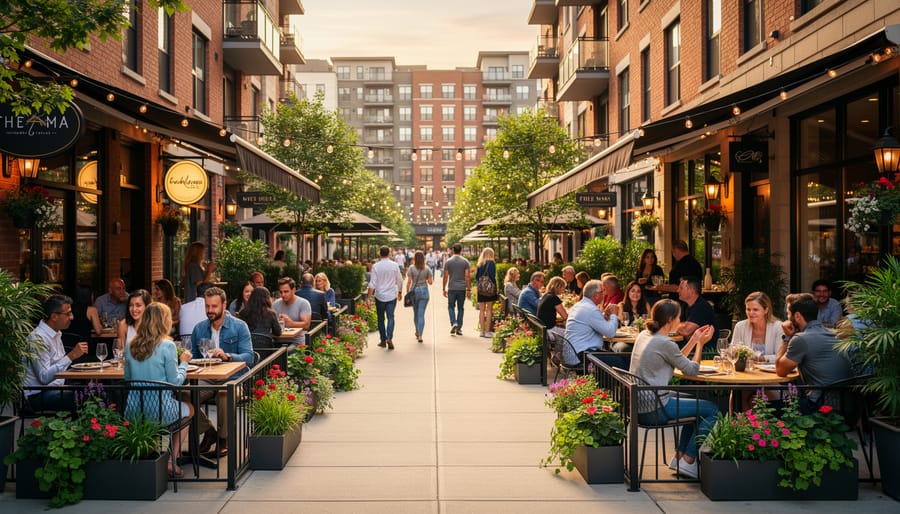 People dining outdoors at Montreal neighborhood restaurant terrace with string lights