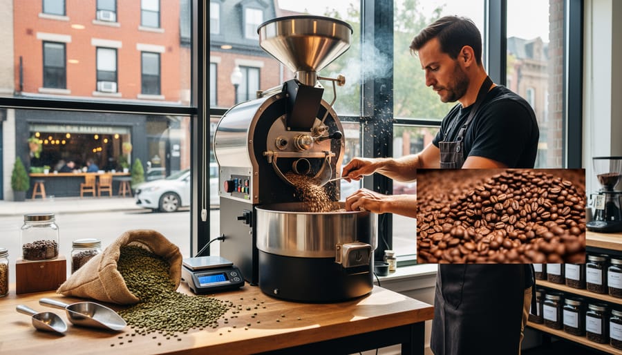 Coffee roaster drum glowing amber with an artisan worker beside roasting equipment in Mile End