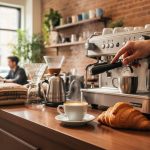 A barista preparing a cortado at a Montreal café counter with a croissant and steaming espresso machine in the foreground.