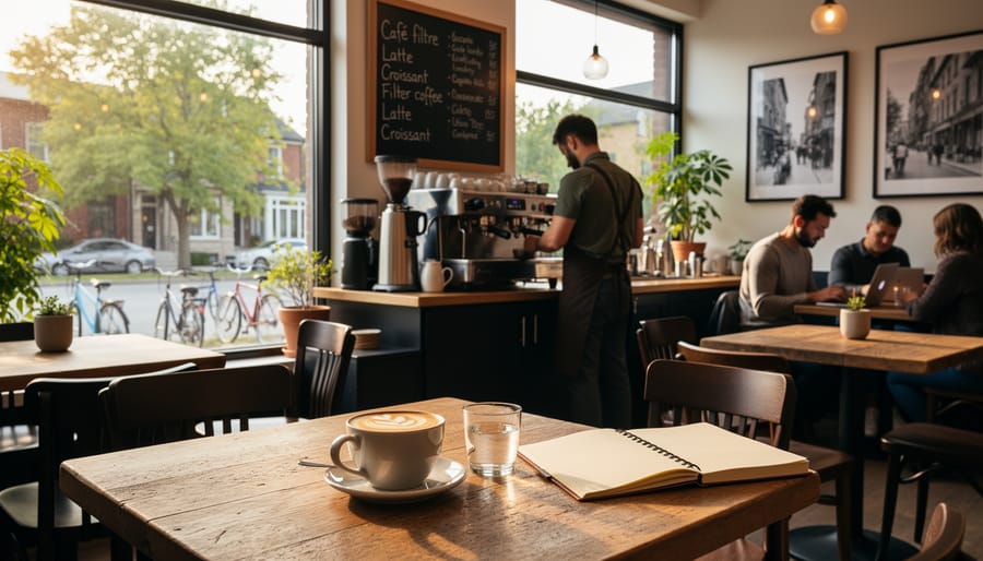 Steaming espresso and croissant on a small table outside a Montreal cafe with softly blurred street activity behind