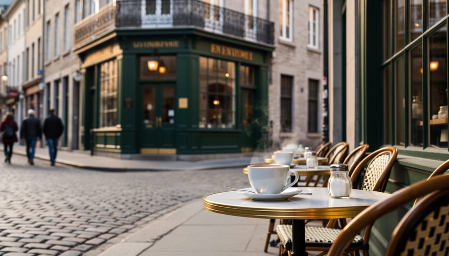 Latte in the foreground with historic Old Montreal street and café seating in the background