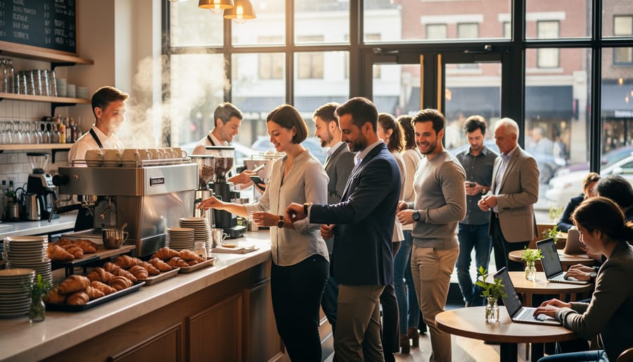 Customers lining up inside a Montreal café near the espresso bar during a busy morning.