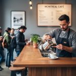 Barista pouring espresso in a busy Montreal café while customers wait in line near the window.