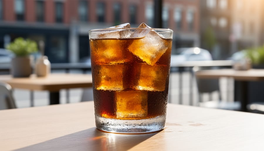 Close-up of amber 8 hour coffee served cold over ice in a glass