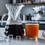 Close-up of eight-hour cold brew coffee in a glass carafe and serving glass over ice cubes in a modern specialty café.