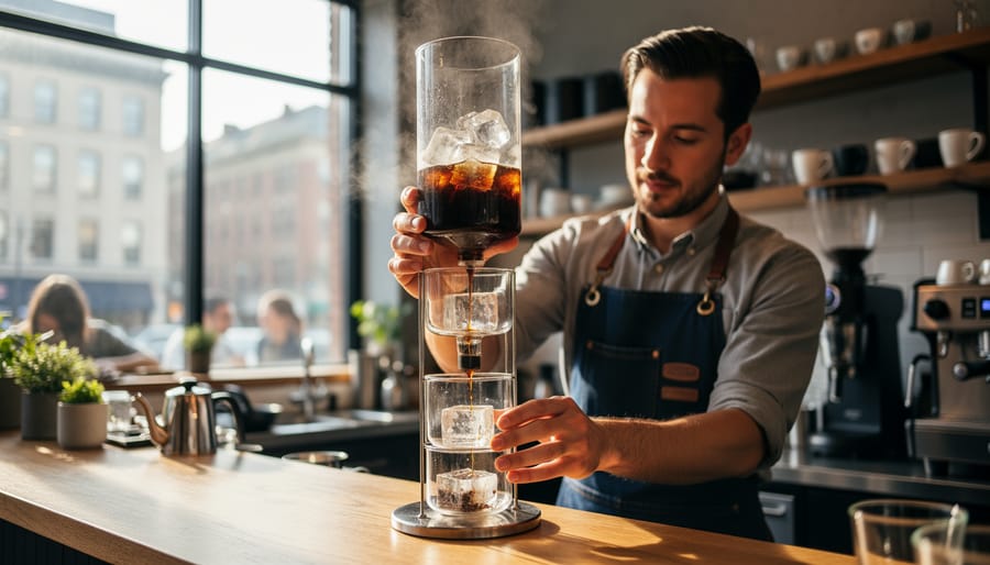 Barista preparing a glass tower-style 8 hour coffee brewer on a café counter with a carafe beneath it