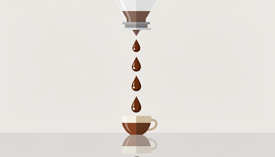 Close-up of a slow coffee drip falling into a transparent cup in a café setting
