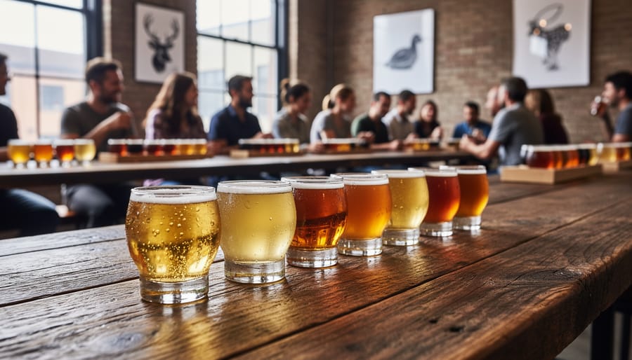Beer flight of sour and farmhouse brews on a wooden counter in East End Montreal