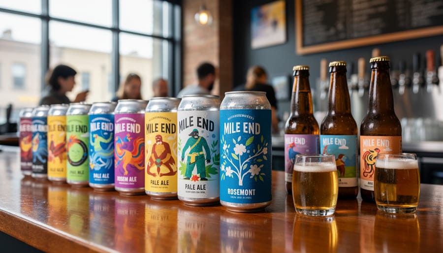 Glasses of hazy craft beer on a wooden bar in Mile End, Montreal