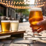 Close-up of frosty tulip beer glasses on a wooden flight tray with warm string lights and a softly blurred patio background, evoking Montreal’s craft beer scene.
