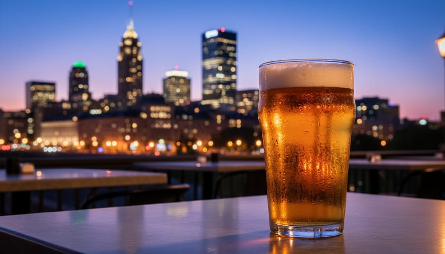 Pint glass with frothy head on a table near Montreal skyline at dusk