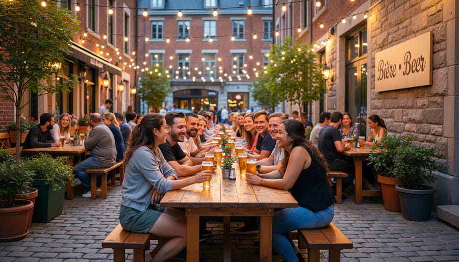 Beer garden patio in Old Montreal with warm string lights and a tray of beers