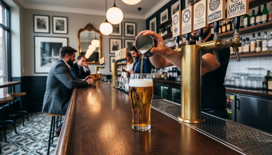Bartender pouring a beer at a brasserie-style bar in Plateau Mont-Royal