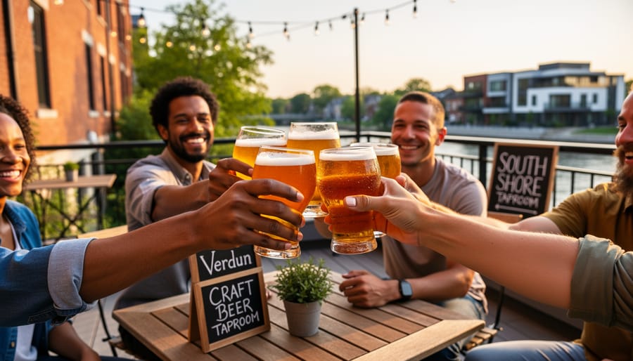 Outdoor beer patio in Verdun with people enjoying glasses of beer at golden hour